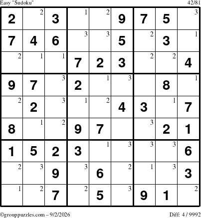 The grouppuzzles.com Easy Sudoku puzzle for Wednesday September 2, 2026 with the first 3 steps marked