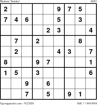 The grouppuzzles.com Medium Sudoku puzzle for Wednesday September 2, 2026