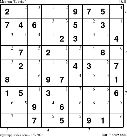 The grouppuzzles.com Medium Sudoku puzzle for Wednesday September 2, 2026, suitable for printing, with all 7 steps marked