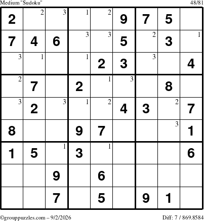 The grouppuzzles.com Medium Sudoku puzzle for Wednesday September 2, 2026 with the first 3 steps marked