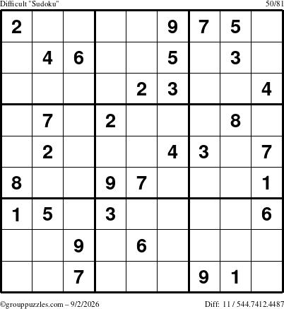 The grouppuzzles.com Difficult Sudoku puzzle for Wednesday September 2, 2026
