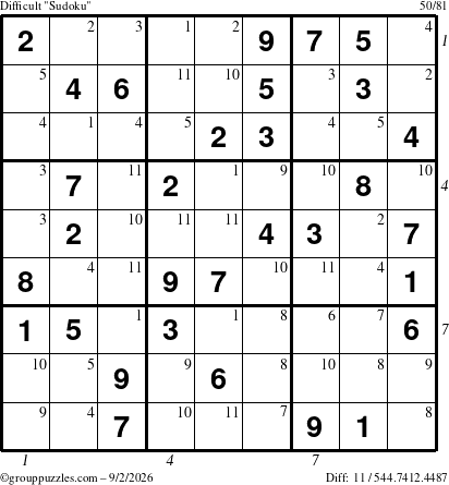 The grouppuzzles.com Difficult Sudoku puzzle for Wednesday September 2, 2026 with all 11 steps marked