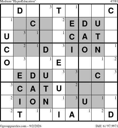 The grouppuzzles.com Medium HyperEducation-i23 puzzle for Wednesday September 2, 2026 with the first 3 steps marked
