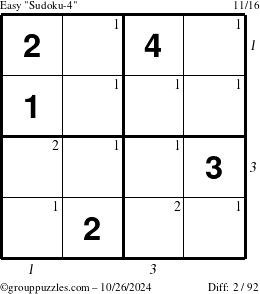 The grouppuzzles.com Easy Sudoku-4 puzzle for Saturday October 26, 2024 with all 2 steps marked