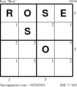 The grouppuzzles.com Easy Rose puzzle for Saturday October 26, 2024 with all 3 steps marked