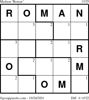 The grouppuzzles.com Medium Roman puzzle for Saturday October 26, 2024 with the first 3 steps marked