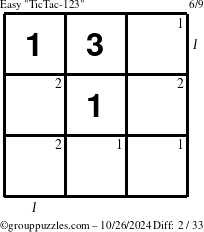 The grouppuzzles.com Easy TicTac-123 puzzle for Saturday October 26, 2024, suitable for printing, with all 2 steps marked