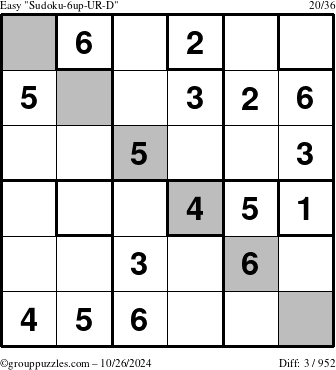 The grouppuzzles.com Easy Sudoku-6up-UR-D puzzle for Saturday October 26, 2024