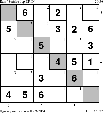 The grouppuzzles.com Easy Sudoku-6up-UR-D puzzle for Saturday October 26, 2024 with all 3 steps marked