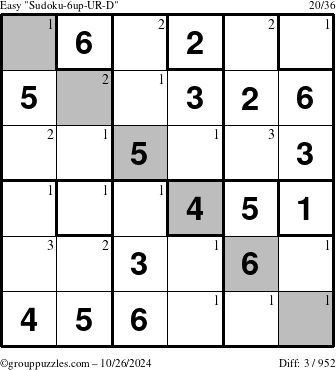 The grouppuzzles.com Easy Sudoku-6up-UR-D puzzle for Saturday October 26, 2024 with the first 3 steps marked