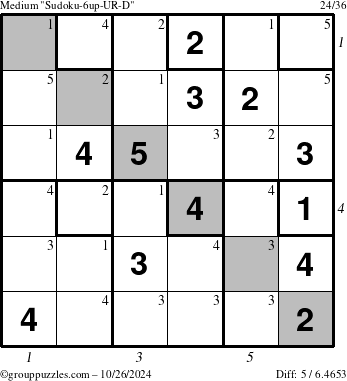 The grouppuzzles.com Medium Sudoku-6up-UR-D puzzle for Saturday October 26, 2024, suitable for printing, with all 5 steps marked