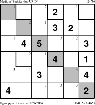 The grouppuzzles.com Medium Sudoku-6up-UR-D puzzle for Saturday October 26, 2024 with the first 3 steps marked