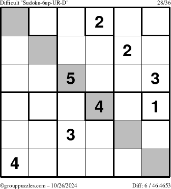 The grouppuzzles.com Difficult Sudoku-6up-UR-D puzzle for Saturday October 26, 2024