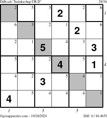 The grouppuzzles.com Difficult Sudoku-6up-UR-D puzzle for Saturday October 26, 2024 with all 6 steps marked