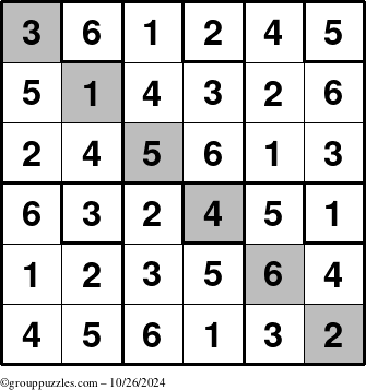 The grouppuzzles.com Answer grid for the Sudoku-6up-UR-D puzzle for Saturday October 26, 2024