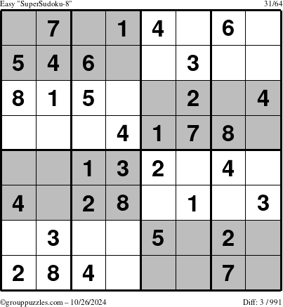 The grouppuzzles.com Easy SuperSudoku-8 puzzle for Saturday October 26, 2024