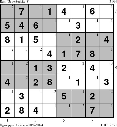 The grouppuzzles.com Easy SuperSudoku-8 puzzle for Saturday October 26, 2024, suitable for printing, with all 3 steps marked