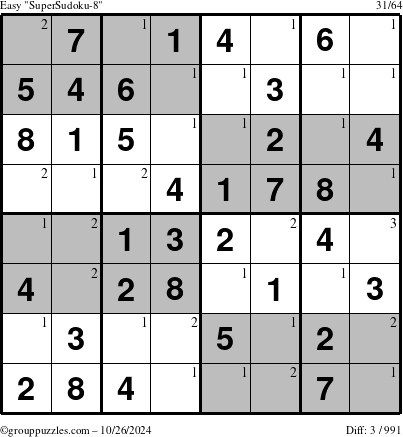 The grouppuzzles.com Easy SuperSudoku-8 puzzle for Saturday October 26, 2024 with the first 3 steps marked