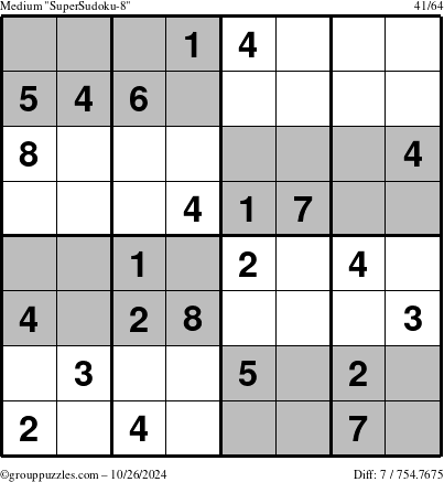 The grouppuzzles.com Medium SuperSudoku-8 puzzle for Saturday October 26, 2024