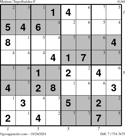 The grouppuzzles.com Medium SuperSudoku-8 puzzle for Saturday October 26, 2024 with all 7 steps marked