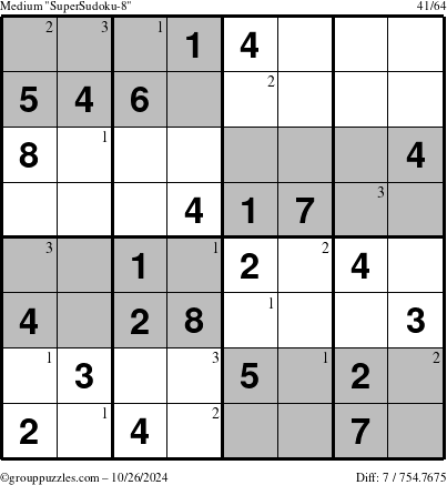 The grouppuzzles.com Medium SuperSudoku-8 puzzle for Saturday October 26, 2024 with the first 3 steps marked