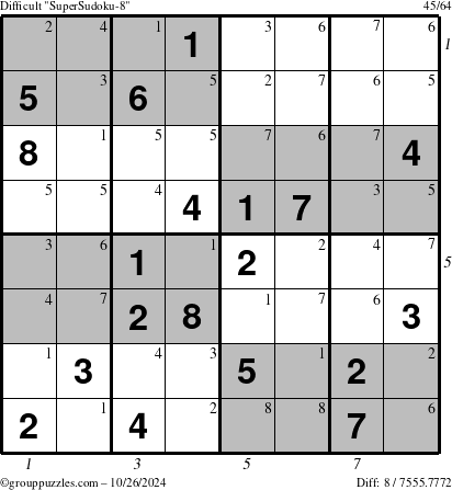 The grouppuzzles.com Difficult SuperSudoku-8 puzzle for Saturday October 26, 2024 with all 8 steps marked