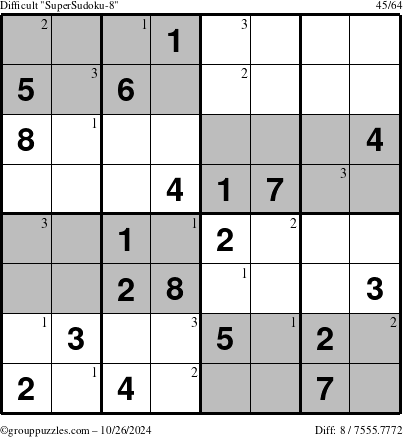 The grouppuzzles.com Difficult SuperSudoku-8 puzzle for Saturday October 26, 2024 with the first 3 steps marked