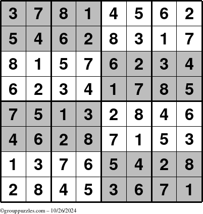 The grouppuzzles.com Answer grid for the SuperSudoku-8 puzzle for Saturday October 26, 2024