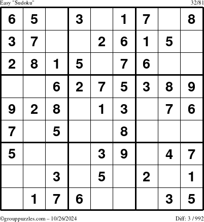 The grouppuzzles.com Easy Sudoku puzzle for Saturday October 26, 2024