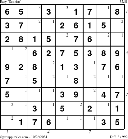 The grouppuzzles.com Easy Sudoku puzzle for Saturday October 26, 2024, suitable for printing, with all 3 steps marked