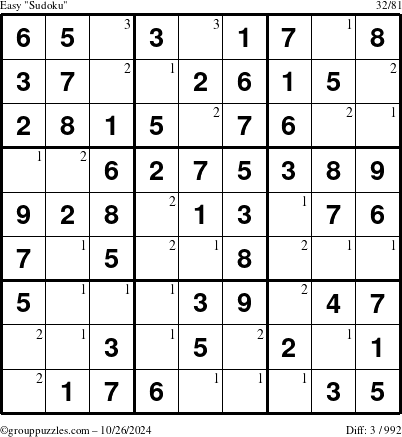 The grouppuzzles.com Easy Sudoku puzzle for Saturday October 26, 2024 with the first 3 steps marked