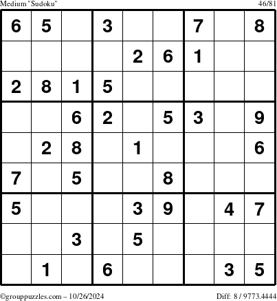 The grouppuzzles.com Medium Sudoku puzzle for Saturday October 26, 2024