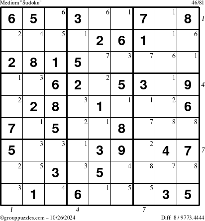 The grouppuzzles.com Medium Sudoku puzzle for Saturday October 26, 2024 with all 8 steps marked