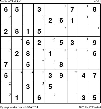 The grouppuzzles.com Medium Sudoku puzzle for Saturday October 26, 2024 with the first 3 steps marked