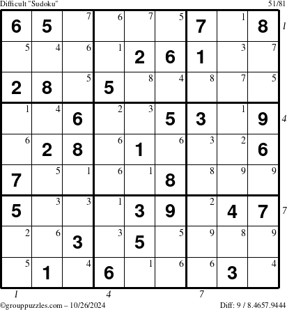 The grouppuzzles.com Difficult Sudoku puzzle for Saturday October 26, 2024 with all 9 steps marked