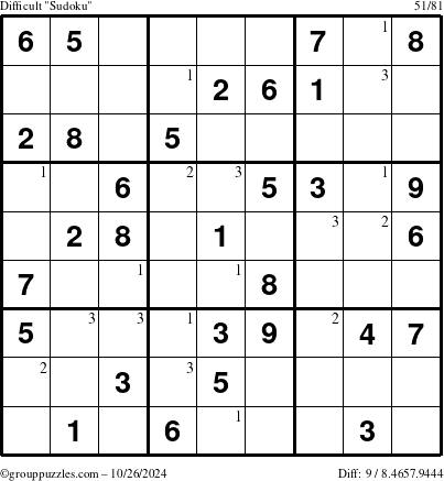 The grouppuzzles.com Difficult Sudoku puzzle for Saturday October 26, 2024 with the first 3 steps marked