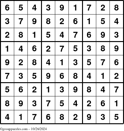 The grouppuzzles.com Answer grid for the Sudoku puzzle for Saturday October 26, 2024