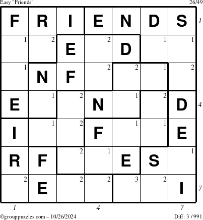 The grouppuzzles.com Easy Friends puzzle for Saturday October 26, 2024 with all 3 steps marked