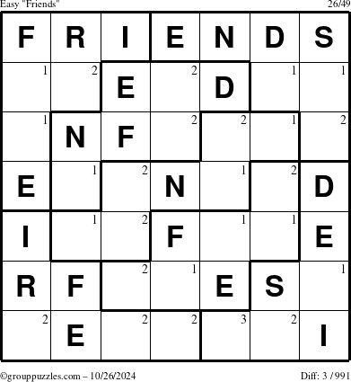 The grouppuzzles.com Easy Friends puzzle for Saturday October 26, 2024 with the first 3 steps marked