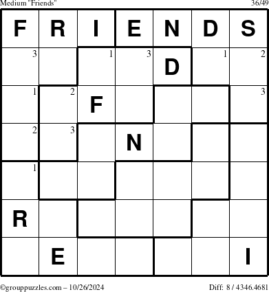 The grouppuzzles.com Medium Friends puzzle for Saturday October 26, 2024 with the first 3 steps marked