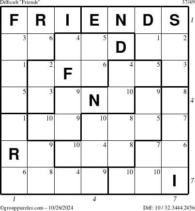 The grouppuzzles.com Difficult Friends puzzle for Saturday October 26, 2024 with all 10 steps marked