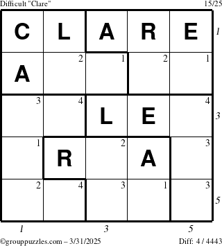 The grouppuzzles.com Difficult Clare puzzle for Monday March 31, 2025, suitable for printing, with all 4 steps marked