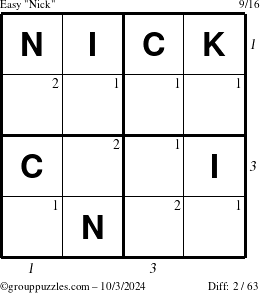 The grouppuzzles.com Easy Nick puzzle for Thursday October 3, 2024 with all 2 steps marked