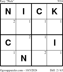 The grouppuzzles.com Easy Nick puzzle for Thursday October 3, 2024 with the first 2 steps marked