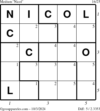 The grouppuzzles.com Medium Nicol puzzle for Thursday October 3, 2024 with all 5 steps marked