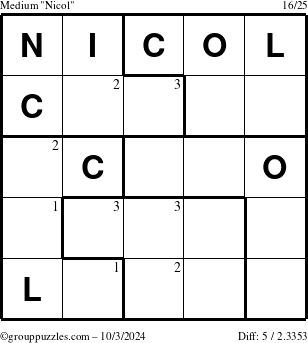 The grouppuzzles.com Medium Nicol puzzle for Thursday October 3, 2024 with the first 3 steps marked