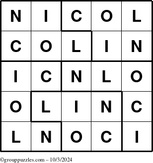 The grouppuzzles.com Answer grid for the Nicol puzzle for Thursday October 3, 2024