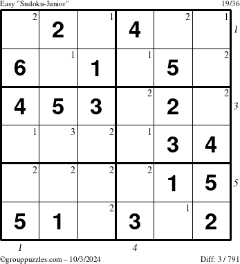 The grouppuzzles.com Easy Sudoku-Junior puzzle for Thursday October 3, 2024 with all 3 steps marked