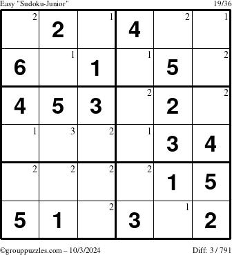 The grouppuzzles.com Easy Sudoku-Junior puzzle for Thursday October 3, 2024 with the first 3 steps marked