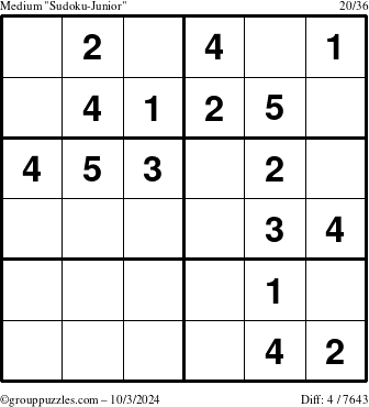 The grouppuzzles.com Medium Sudoku-Junior puzzle for Thursday October 3, 2024